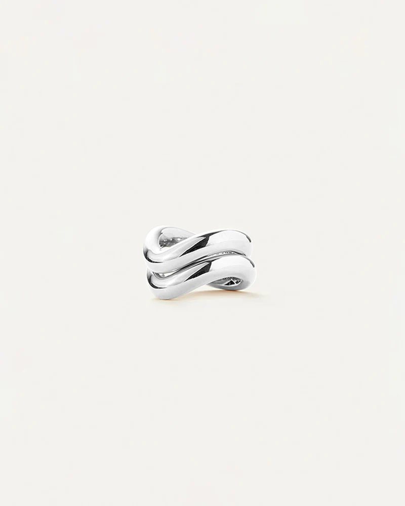 Jenny Bird's ola ring set in high polish silver. A dynamic, tubular ring set. Image includes two rings stacked on top of each other.