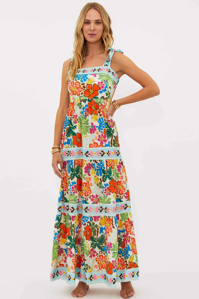beach riot charlotte dress in multicolored tropical sands print worn on model