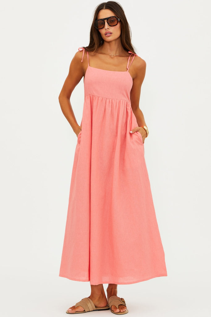 coral linen dress CORAL A LINEN MIDI DRESS