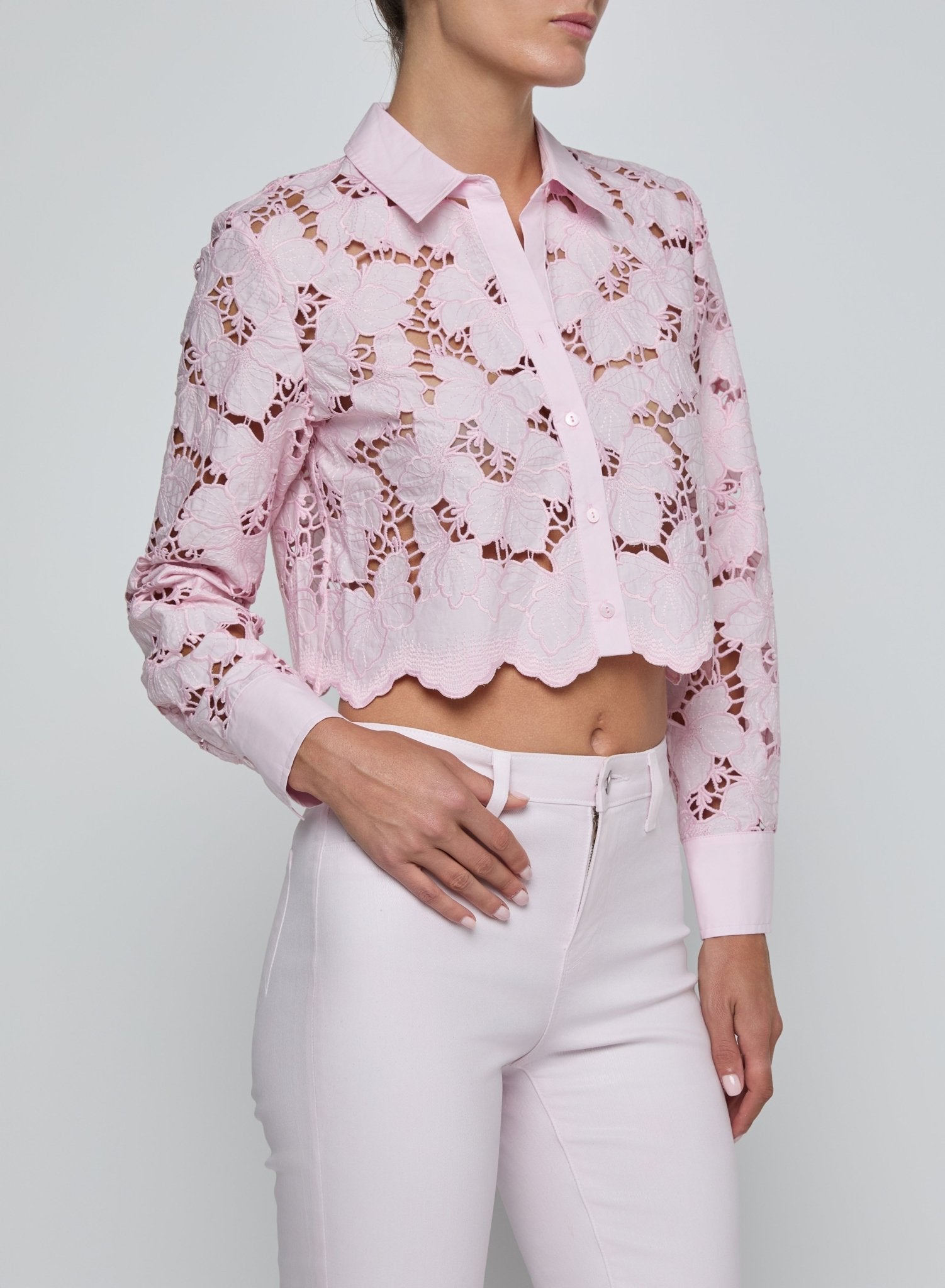 Seychelle Cropped Eyelet Blouse in Pale Cameo Pink – Edit and Co