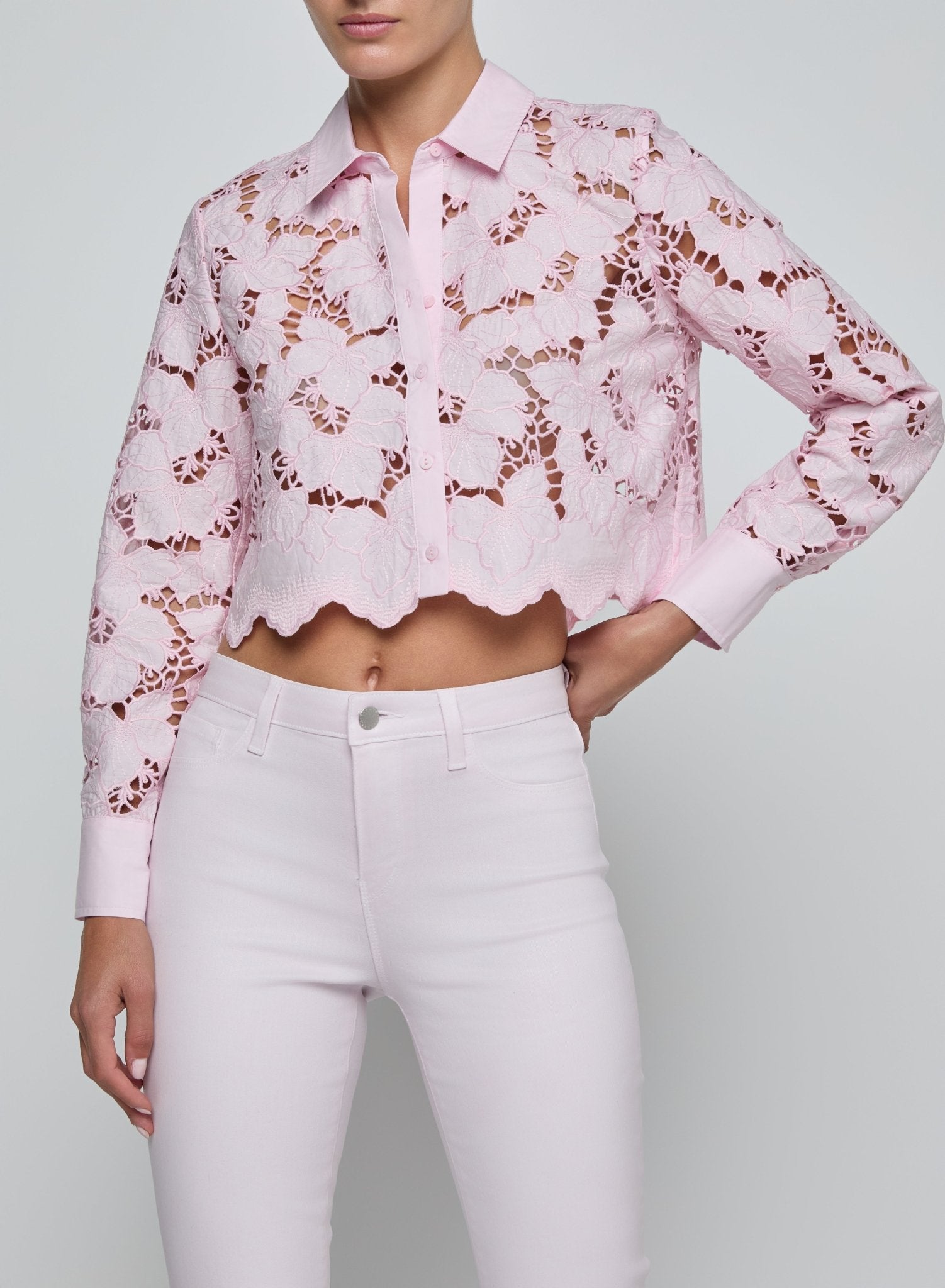 Seychelle Cropped Eyelet Blouse in Pale Cameo Pink – Edit and Co
