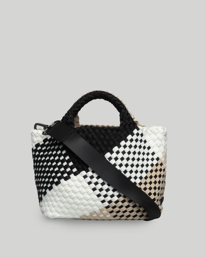 Naghedi St. Barths small tote graphic geo in palermo print. Black, white and tan woven print bag with black strap.
