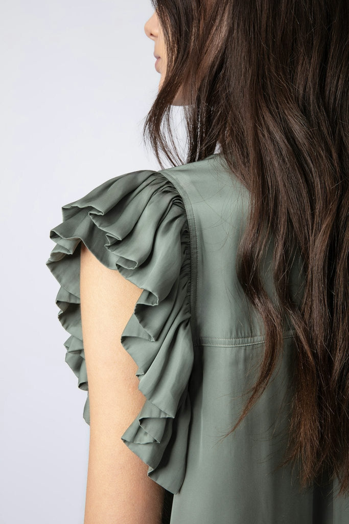 Behind image of ruffle detail of the zadig and voltaire tiza satin top in treillis