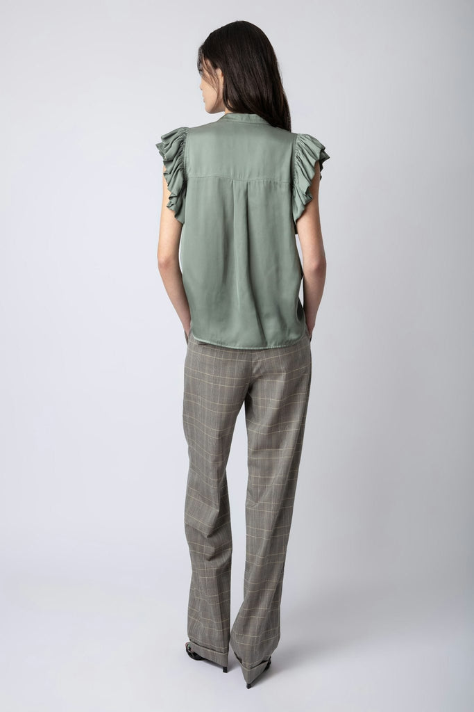 Back of the zadig and voltaire tiza satin top in treillis on model