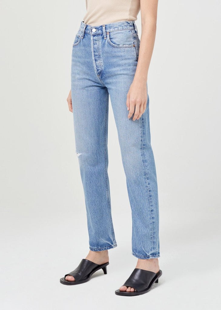 agolde pinch waist in abstract denim on model side view