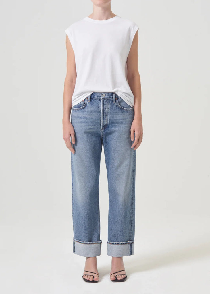 AGOLDE fran low slung straight jeans in invention worn on model.