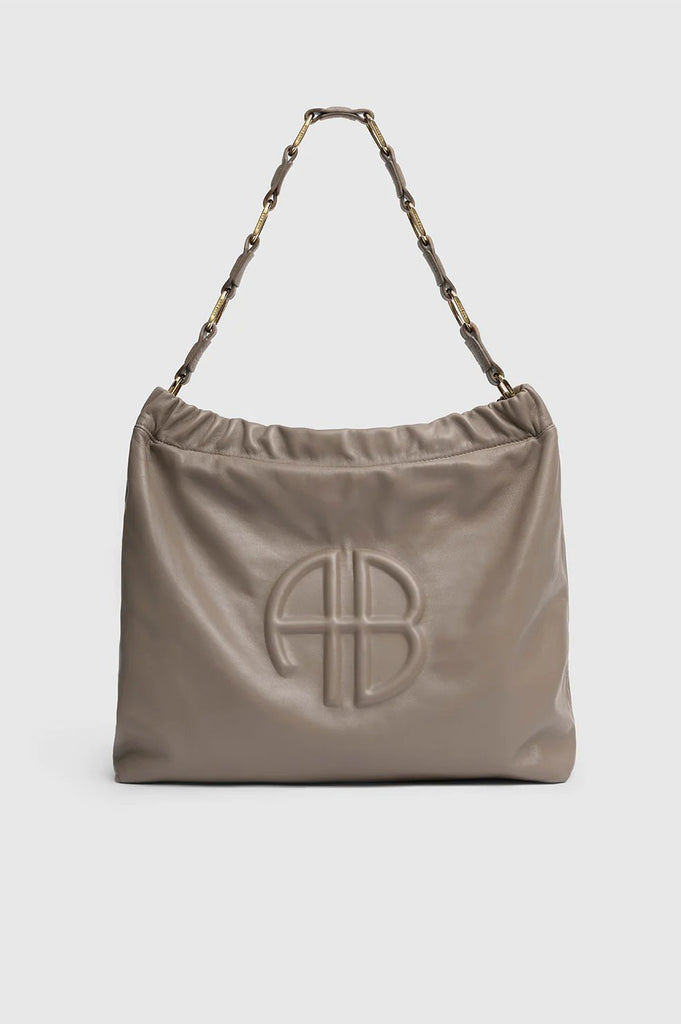 anine bing kate shoulder bag in taupe with AB initials logo 