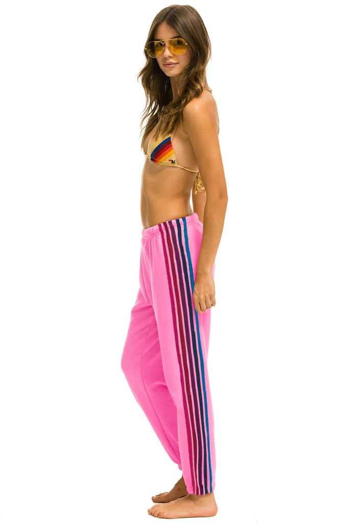 aviator nation womens 5 stripe sweatpant neon pink pink and purple side view