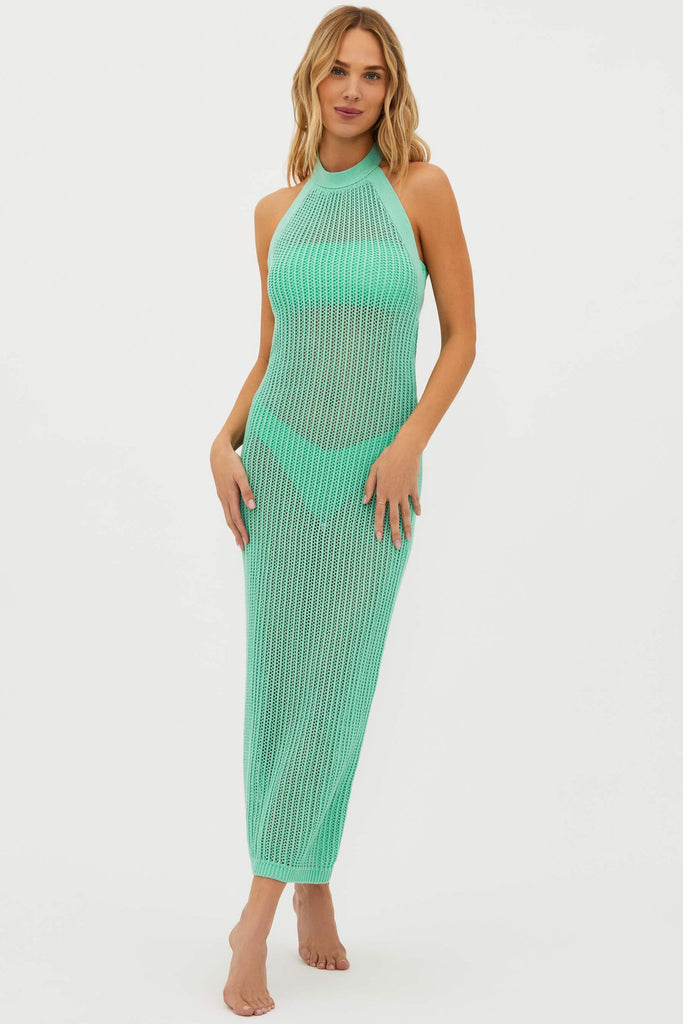 women's beach riot romee dress in high tide maxi dress crochet coverup on model