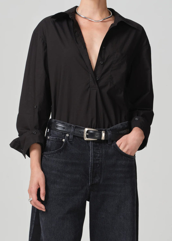 citizens of humanity aave oversized cuff shirt in black button up in front and buttons on sleeves