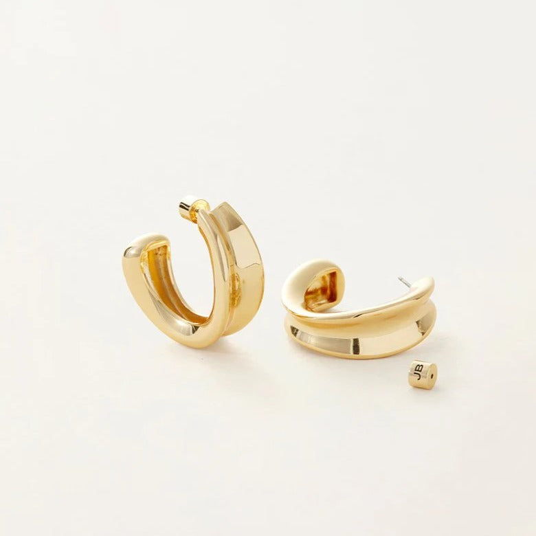 jenny bird doune hoops in high polish gold with JB on earring back.