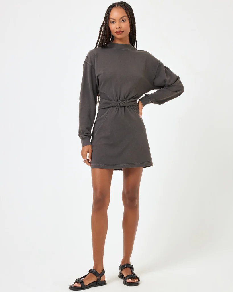 Model wearing the LSPACE mockneck mini dress called the asher dress in ash with long sleeves
