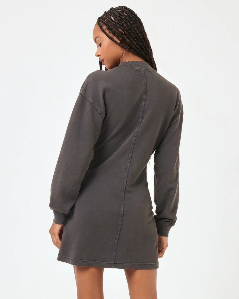 Behind view of LSPACE mockneck mini dress called the asher dress in ash with long sleeves