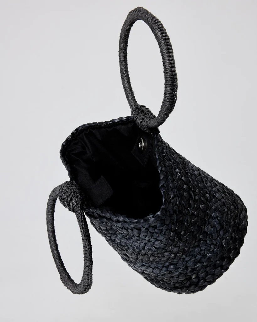 lspace bella bag in black woven metal closure top and inside view