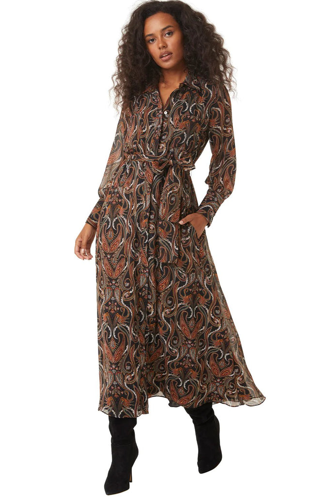MISA women's ines dress in spartina paisley styled on model with black boots