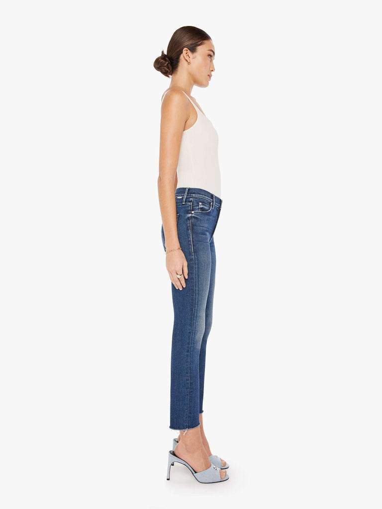 Side view of mother jeans in midrise dazzler ankle fray in cest la vie