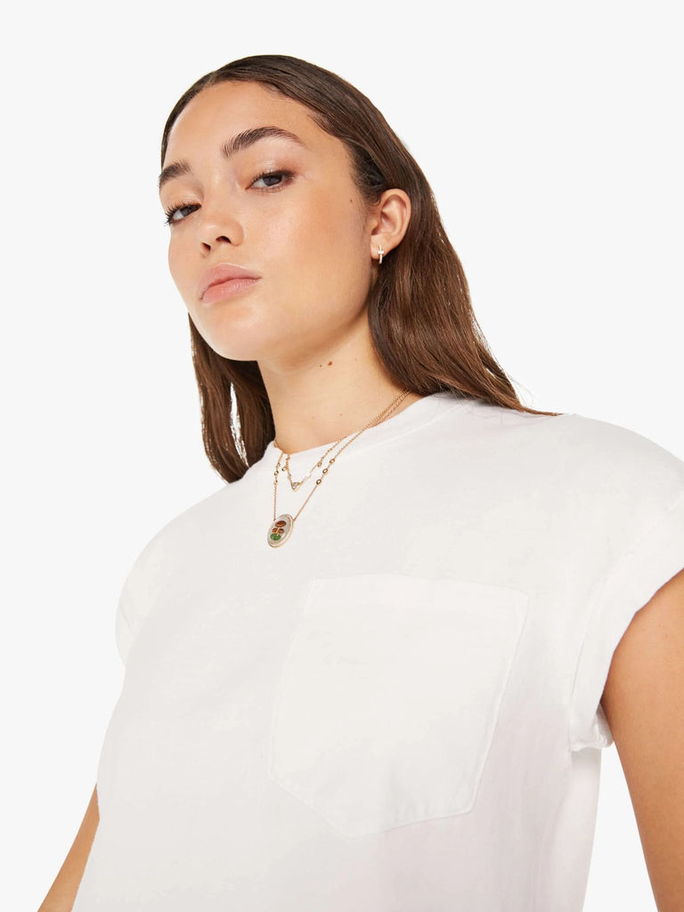mother denim women's the keep on rolling pocket tee in bright white up close image