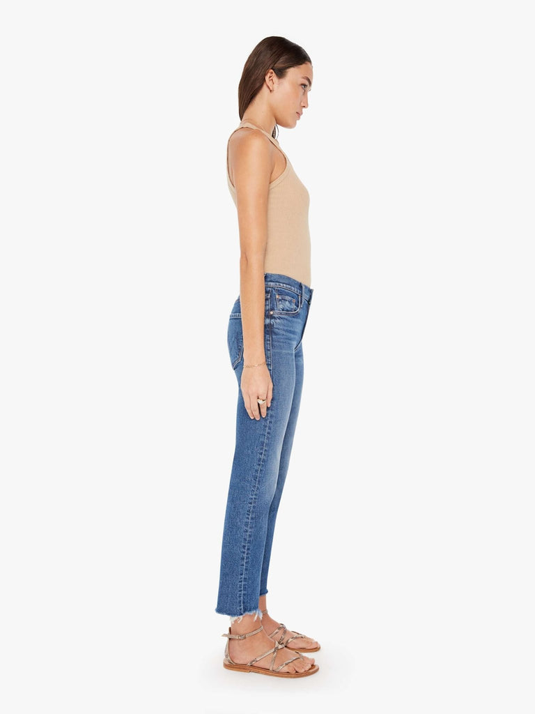 mother denim the mid rise rider ankle fray in local charm medium wash jeans on model side view