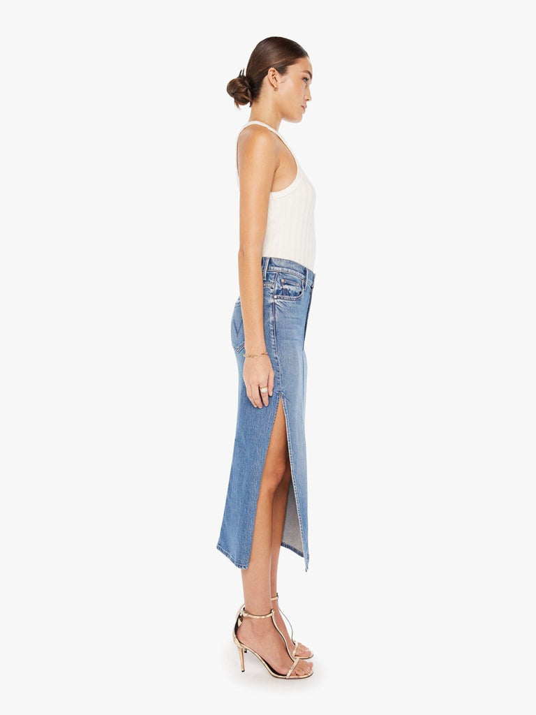 mother the split second denim skirt in strike a pose styled on model side view
