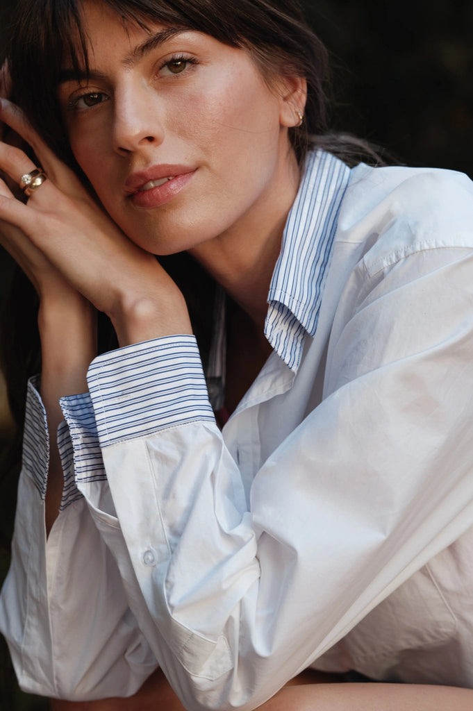 women's top by wear cissa the mens shirt in white with stripe collar and cuffs