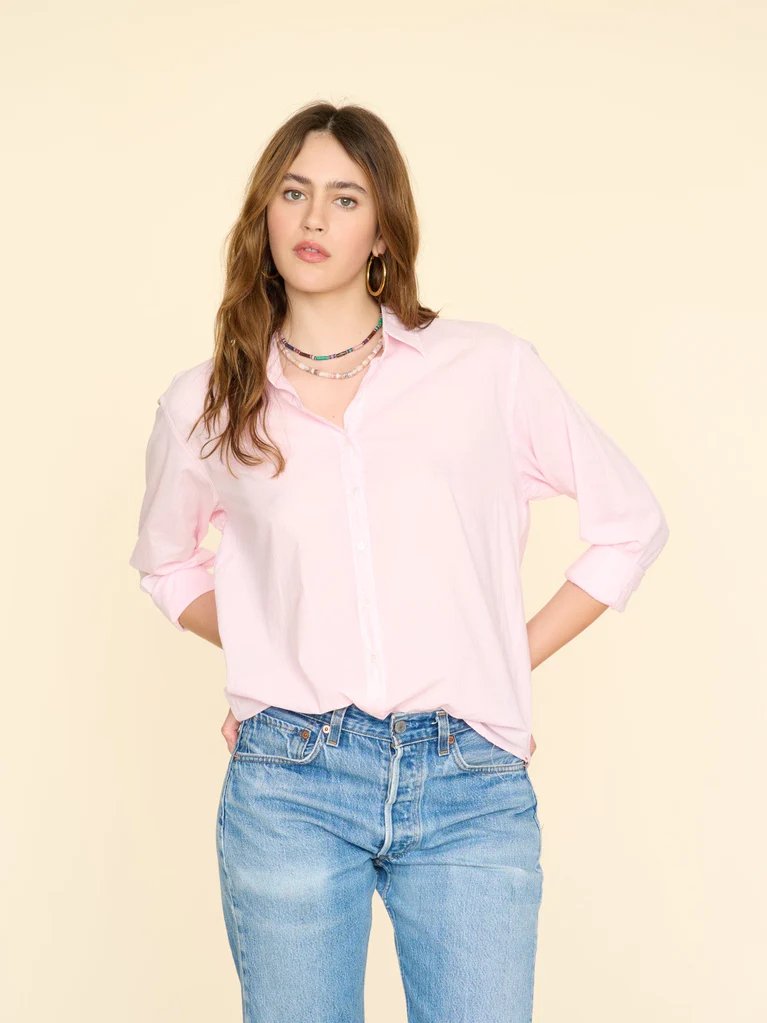 xirena beau shirt in pink dew button up on model